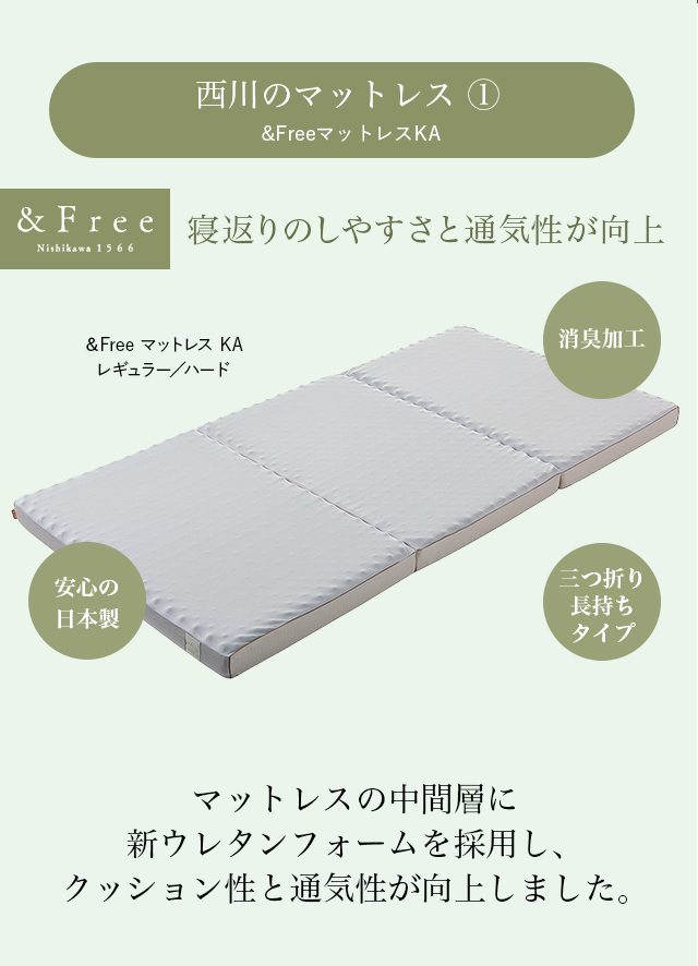西川のマットレス 1 ＆Free マットレス KA レギュラー／ハード 寝返りのしやすさと通気性が向上 マットレスの中間層に新ウレタンフォームを採用し、クッション性と通気性が向上しました。 安心の日本製 消臭加工 三つ折り長持ちタイプ