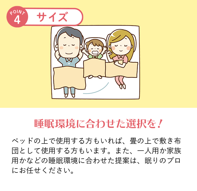 ポイント4 サイズ 睡眠環境に合わせた選択を！ ベッドの上で使用する方もいれば、畳の上で敷き布団として使用する方もいます。また、一人用か家族用かなどの睡眠環境に合わせた提案は、眠りのプロにお任せください。