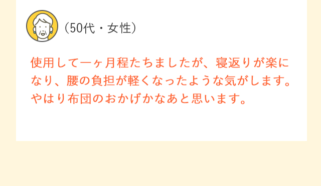 （50代・女性）使用して一ヶ月程たちましたが、寝返りが楽になり、腰の負担が軽くなったような気がします。やはり布団のおかげかなあと思います。