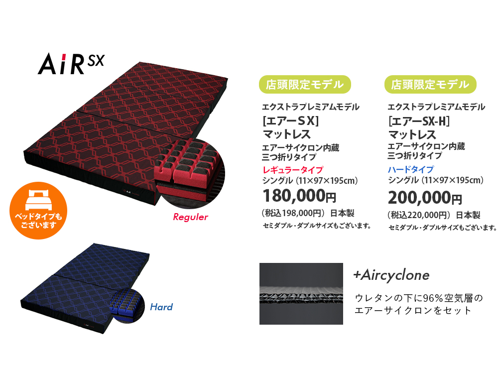 店頭限定モデル エクストラプレミアムモデル[エアー SX]マットレス  エアーサイクロン内蔵三つ折りタイプ  レギュラータイプ シングル（11×97×195センチメートル） 180,000円（税込198,000円）日本製 セミダブル・ダブルサイズもございます。  店頭限定モデル　エクストラプレミアムモデル［エアーSX-H］マットレス エアーサイクロン内蔵三つ折りタイプ ハードタイプ シングル（11×97×195センチメートル） 200,000円（税込220,000円）日本製 セミダブル・ダブルサイズもございます。  ベッドタイプもございます  +Aircyclone ウレタンの下に96％空気層のエアーサイクロンをセット