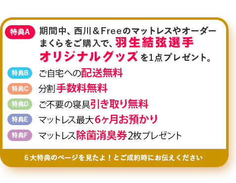 特典A 期間中、西川＆Freeのマットレスやオーダーまくらをご購入で、羽生結弦選手 オリジナルグッズを1点プレゼント。 特典B ご自宅への配送無料 特典C 分割手数料無料 特典D ご不要の寝具引き取り無料 特典E マットレス最大6ヶ月お預かり 特典F マットレス除菌消臭券2枚プレゼント  6大特典のページを見たよ！とご成約時にお伝えください