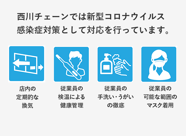 当店では新型コロナウイルス感染症対策として対応を行っています。 店内の定期的な換気 従業員の検温による健康管理 従業員の手洗い・うがいの徹底 従業員の可能な範囲のマスク着用