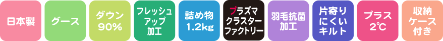 日本製　グース　ダウン90％　フレッシュアップ加工　詰め物1.2キログラム　プラズマクラスターファクトリー　羽毛抗菌加工　片寄りにくいキルト　プラス2度　収納ケース付き
