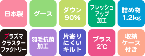 日本製　グース　ダウン90％　フレッシュアップ加工　詰め物1.2キログラム　プラズマクラスターファクトリー　羽毛抗菌加工　片寄りにくいキルト　プラス2度　収納ケース付き