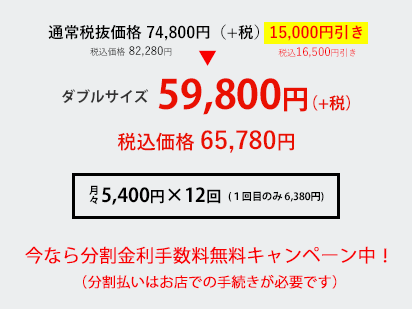 通常税抜価格 74,800円（+税）(税込価格 82,280円) 15,000円引き(税込16,500円引き) ダブルサイズ 59,800円（+税） 税込価格 65,780円 月々5,400円×12回 (1回目のみ 6,380円) 今なら分割金利手数料無料キャンペーン中！（分割払いはお店での手続きが必要です）
