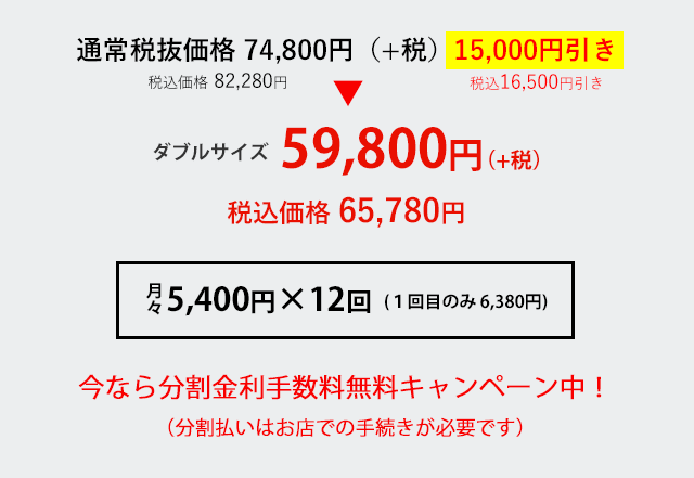 通常税抜価格 74,800円（+税）(税込価格 82,280円) 15,000円引き(税込16,500円引き) ダブルサイズ 59,800円（+税） 税込価格 65,780円 月々5,400円×12回 (1回目のみ 6,380円) 今なら分割金利手数料無料キャンペーン中！（分割払いはお店での手続きが必要です）