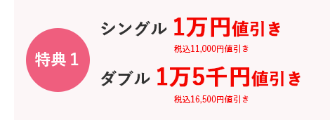 特典1　シングル1万円値引き 税込11,000円値引き　ダブル1万5千円値引き 税込16,500円値引き