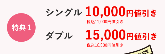 特典1　シングル1万円値引き 税込11,000円値引き　ダブル1万5千円値引き 税込16,500円値引き