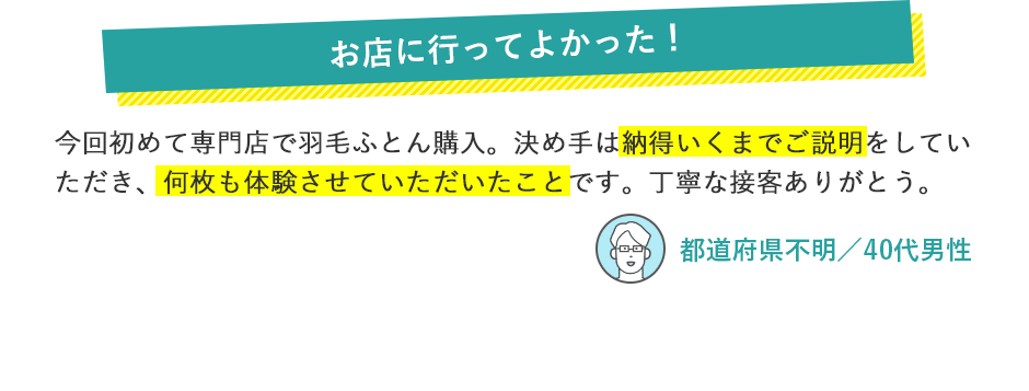 お店に行ってよかった！ 今回初めて専門店で羽毛ふとん購入。決め手は納得いくまでご説明をしていただき、何枚も体験させていただいたことです。丁寧な接客ありがとう。 都道府県不明／40代男性