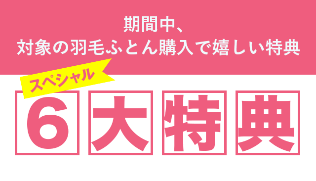 期間中、対象の羽毛ふとん購入で嬉しい特典　スペシャル6大特典